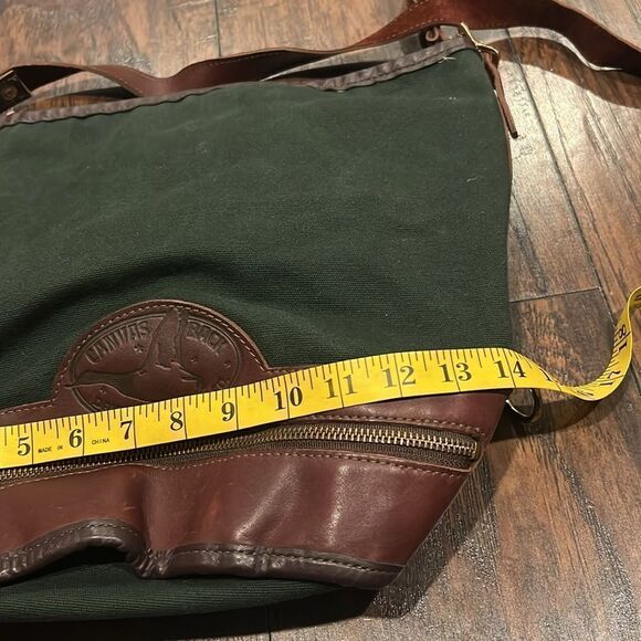 VTG made in USA Canvas Back shoulder bag green canvas brown leather trim EUC - Picture 11 of 16
